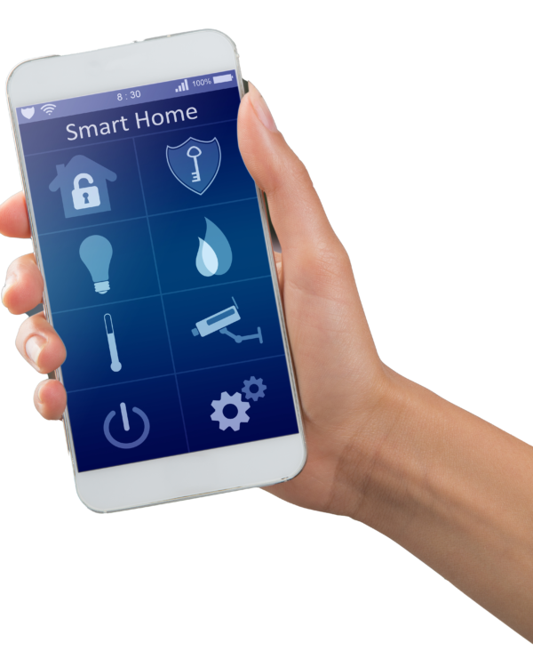 smartphone-with-home-security-app-hand-building-background